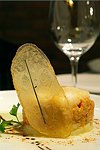 EUROPE : SPAIN : Basque Country (Pais Vasco)
San Sebastian (Donostia)
La Fabrica restaurant in the old town.
Brand new restaurant owned by four young chefs (the oldest  31y.o.)
Salted cod (bacalao) with crab, decorated with a potato slice.